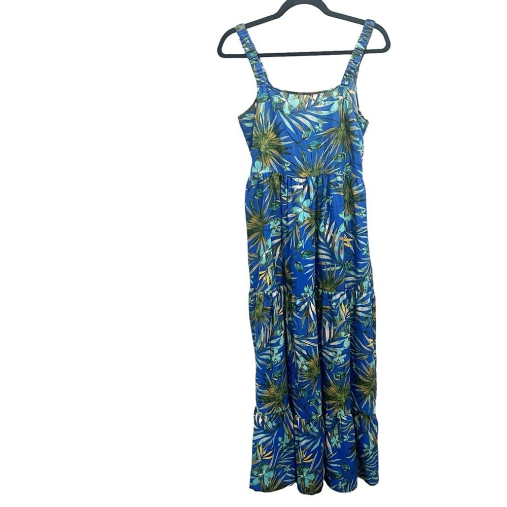 B.O.G Dress Small Maxi Hawaiian Palm Tropical Blue Swing Spaghetti Straps S